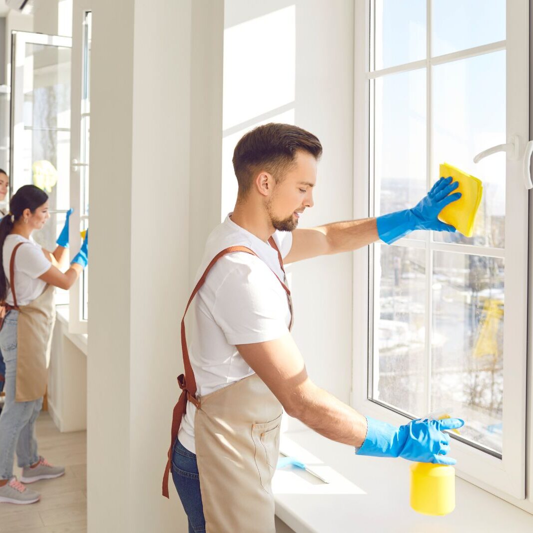 Man From Cleaning Service Staff Wiping Window Man From Cleaning Service Staff Wiping Window